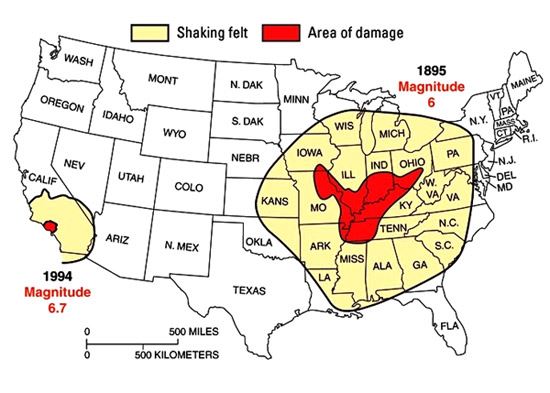 Map of New Madrid Earthquake Damage Epicenters